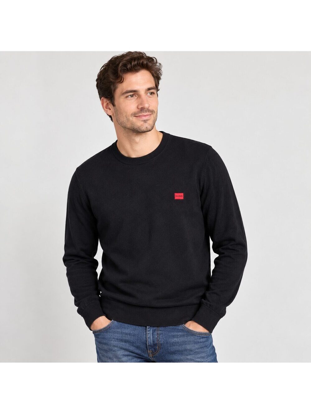 HUGO Men's Black 100% Cotton Crew Neck Sweater Red Logo Size M